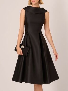 🆕Adrianna Papell Black Fit & Flare Midi Dress Satin A-Line Cocktail Size 8 Dress
